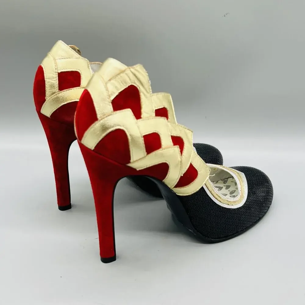 Oh Deer Shoes Women 10 Black Red Gold Sequin Ginger Stiletto Heel Pump Round Toe